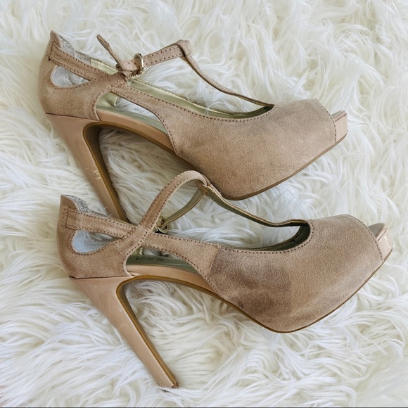 Guess | Nude T-Strap Suede Heels - Picture 7 of 7